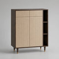 Credenza da soggiorno con 2 ante in rattan intrecciato e struttura in MDF effetto noce con ripiani laterali 120 x 40 x 130 cm