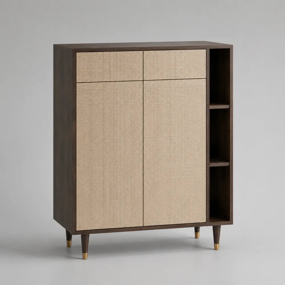 Credenza da soggiorno con 2 ante in rattan intrecciato e struttura in MDF effetto noce con ripiani laterali 120 x 40 x 130 cm