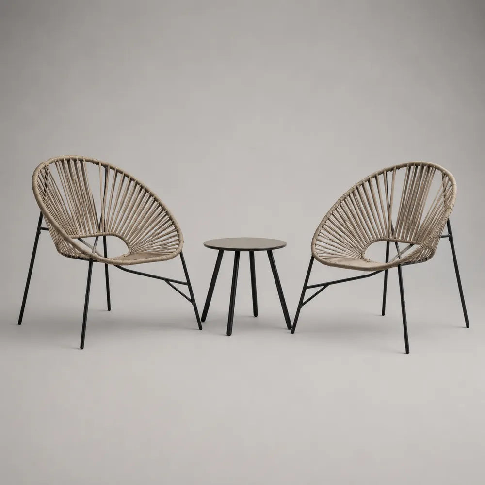 Set tavolo e sedie da giardino 3 pezzi con 2 poltrone in fibra sintetica intrecciata beige e tavolino in acciaio nero