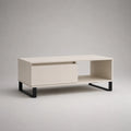 Tavolino da caffè 120x60x40 cm bianco con cassetto e vano aperto in MDF con gambe in acciaio nero