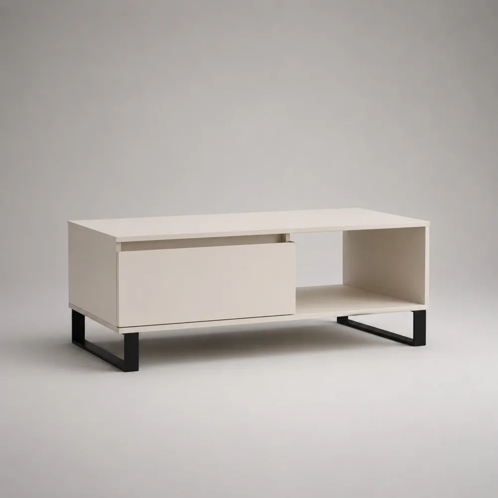 Tavolino da caffè 120x60x40 cm bianco con cassetto e vano aperto in MDF con gambe in acciaio nero