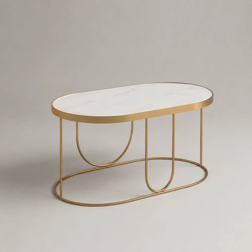 Tavolino da caffè ovale con piano effetto marmo bianco e struttura in acciaio dorato 120 x 60 x 45 cm