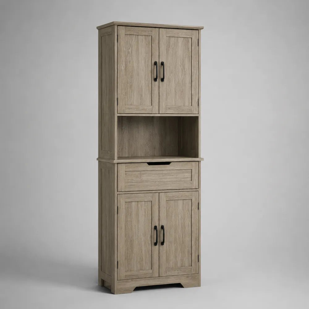 Credenza da cucina alta con ante cassetto e vano aperto in MDF effetto rovere chiaro 80 x 40 x 180 cm