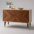 Credenza da soggiorno a 4 ante in MDF effetto legno marrone con struttura beige gambe in acciaio nero e oro 160 x 40 x 80 cm