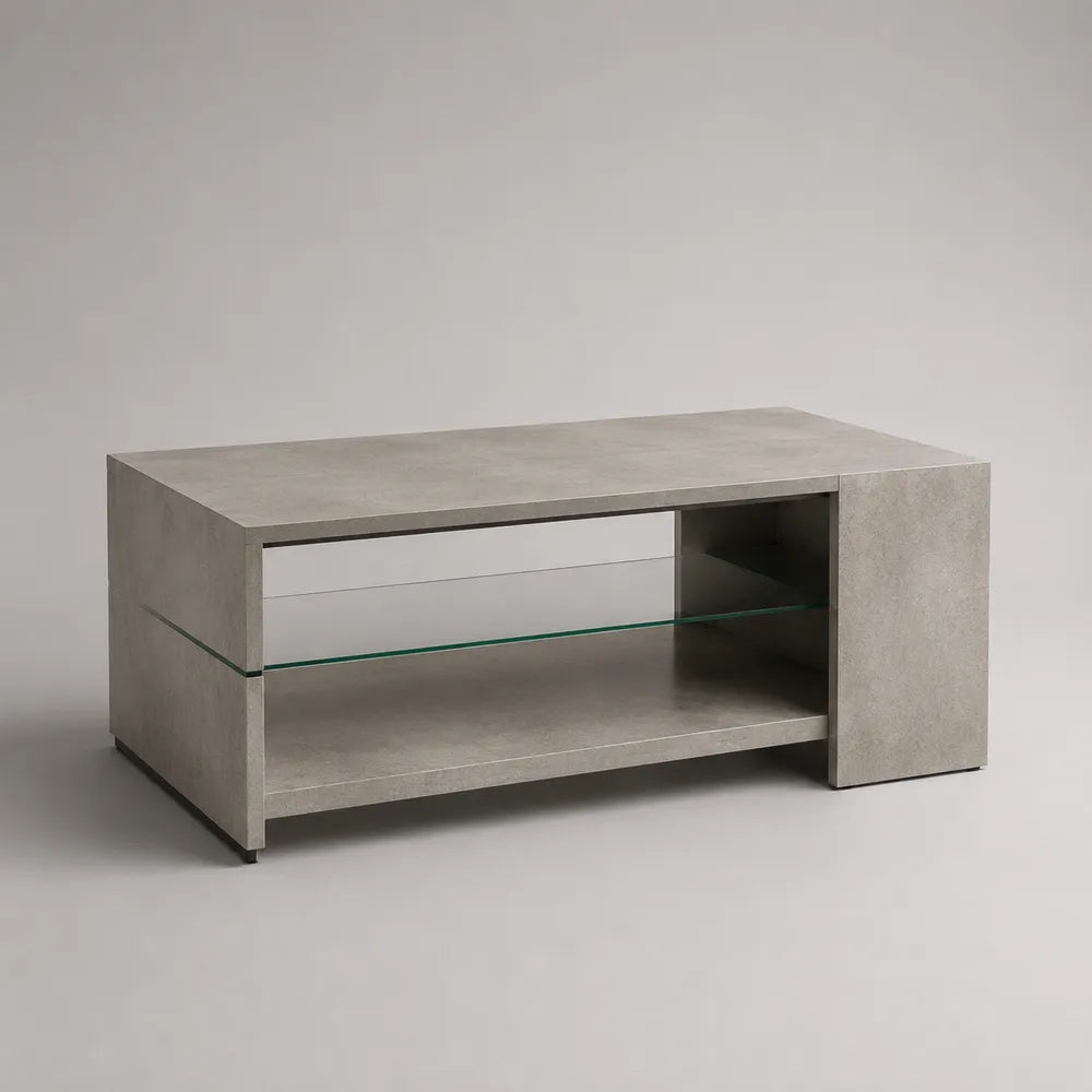Tavolino da caffè rettangolare in MDF effetto cemento grigio con ripiano in vetro 120 x 60 x 45 cm
