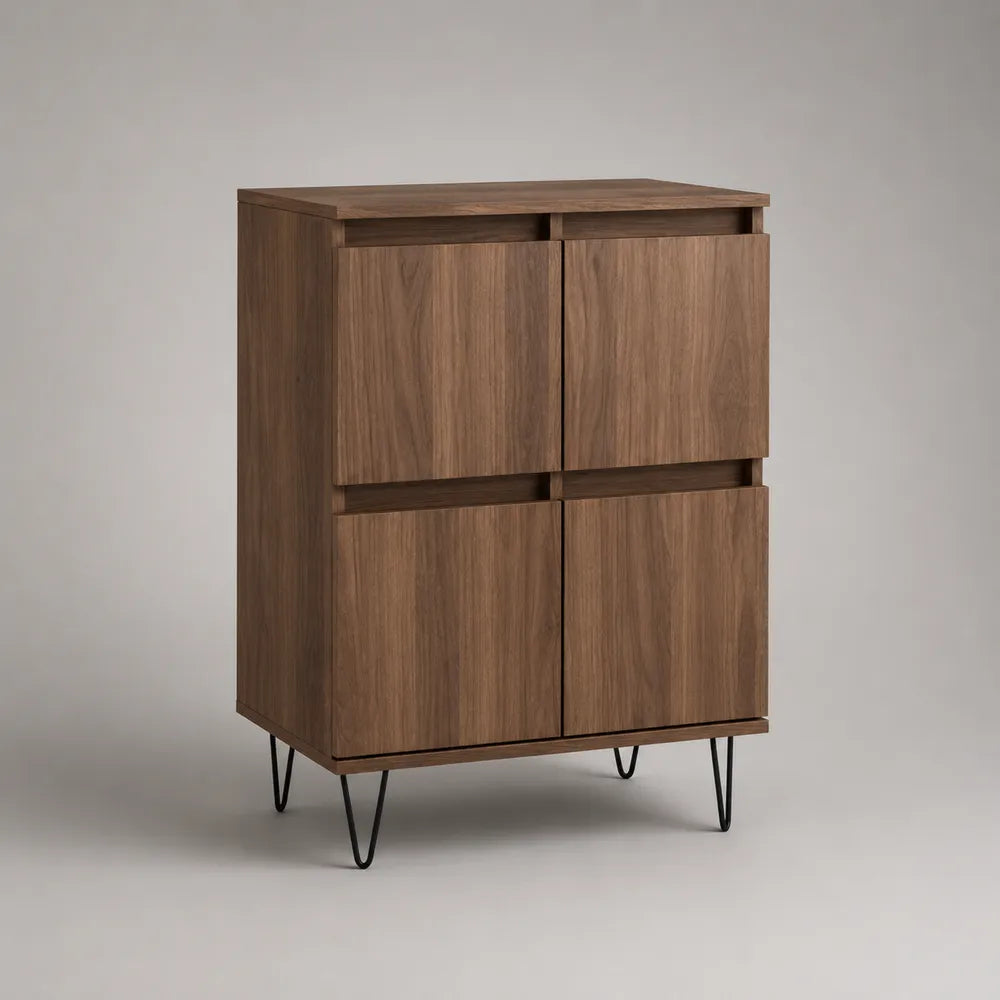 Credenza alta 4 ante in MDF effetto legno marrone con gambe in acciaio nero 90 x 40 x 120 cm