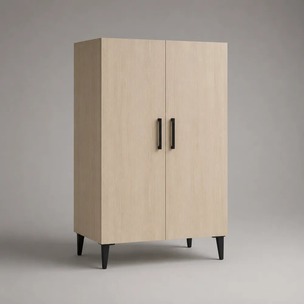 Credenza alta 2 ante in MDF effetto rovere naturale beige con gambe in acciaio nero 90 x 40 x 120 cm