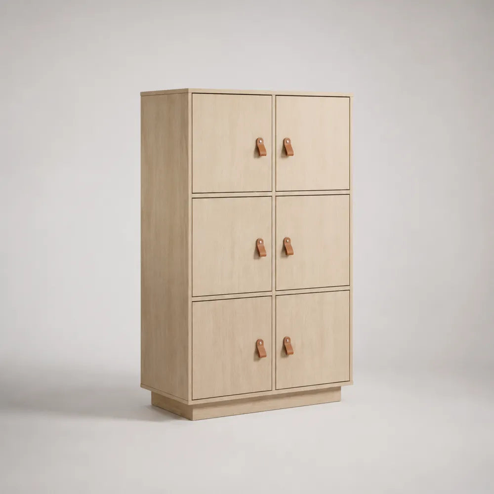 Credenza alta da sala da pranzo a 6 ante in MDF effetto rovere beige con maniglie marroni 80 x 40 x 120 cm