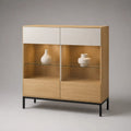 Credenza da pranzo con 4 ante 2 vani aperti e ripiani in vetro in MDF effetto rovere beige con struttura nera 160 x 40 x 120 cm