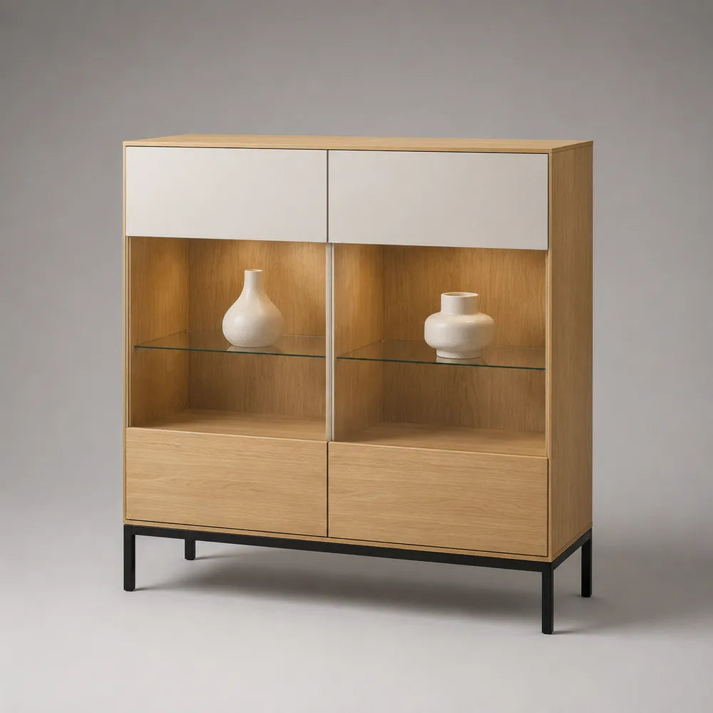 Credenza da pranzo con 4 ante 2 vani aperti e ripiani in vetro in MDF effetto rovere beige con struttura nera 160 x 40 x 120 cm