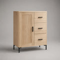 Credenza alta da soggiorno in MDF effetto legno beige con 1 anta e 3 cassetti gambe in acciaio nero 120 x 40 x 120 cm