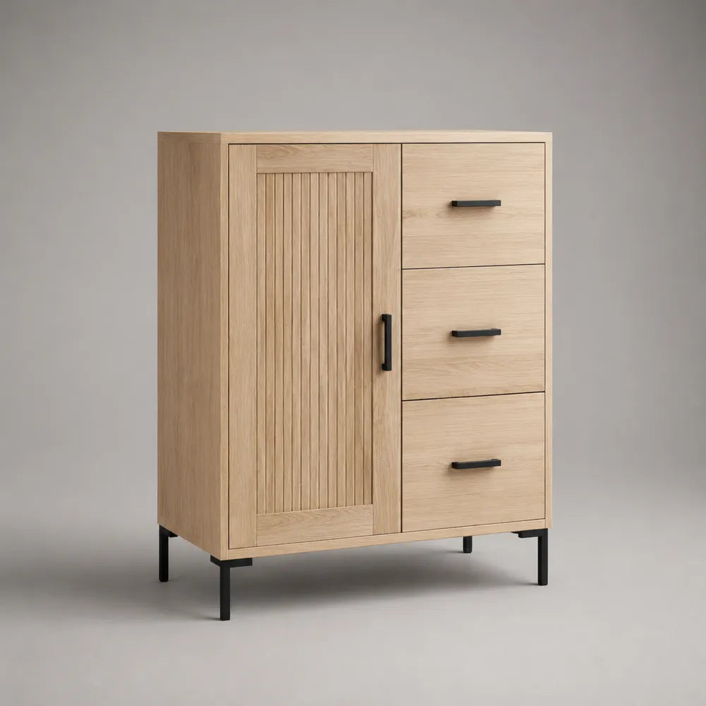 Credenza alta da soggiorno in MDF effetto legno beige con 1 anta e 3 cassetti gambe in acciaio nero 120 x 40 x 120 cm