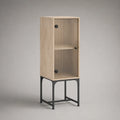 Credenza alta da soggiorno con anta in MDF effetto legno beige vetro scanalato e base in acciaio nero 60 x 40 x 120 cm