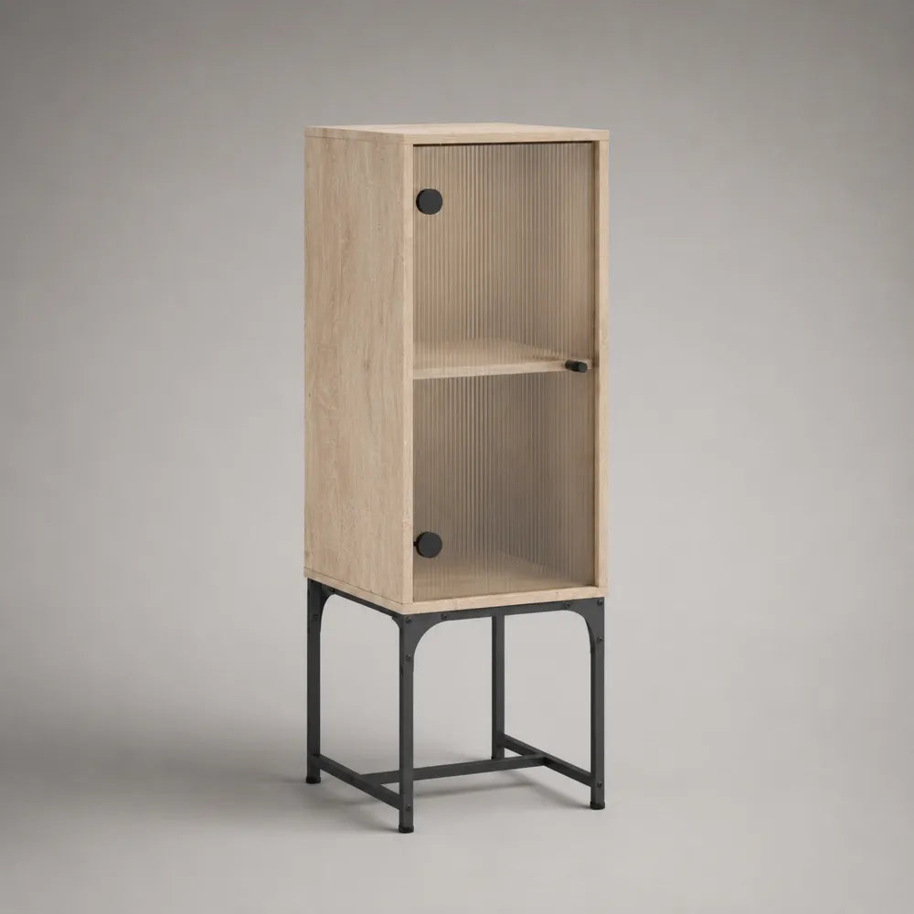 Credenza alta da soggiorno con anta in MDF effetto legno beige vetro scanalato e base in acciaio nero 60 x 40 x 120 cm