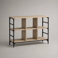 Credenza a giorno con ripiani in MDF effetto rovere beige e struttura in acciaio nero 160 x 40 x 90 cm