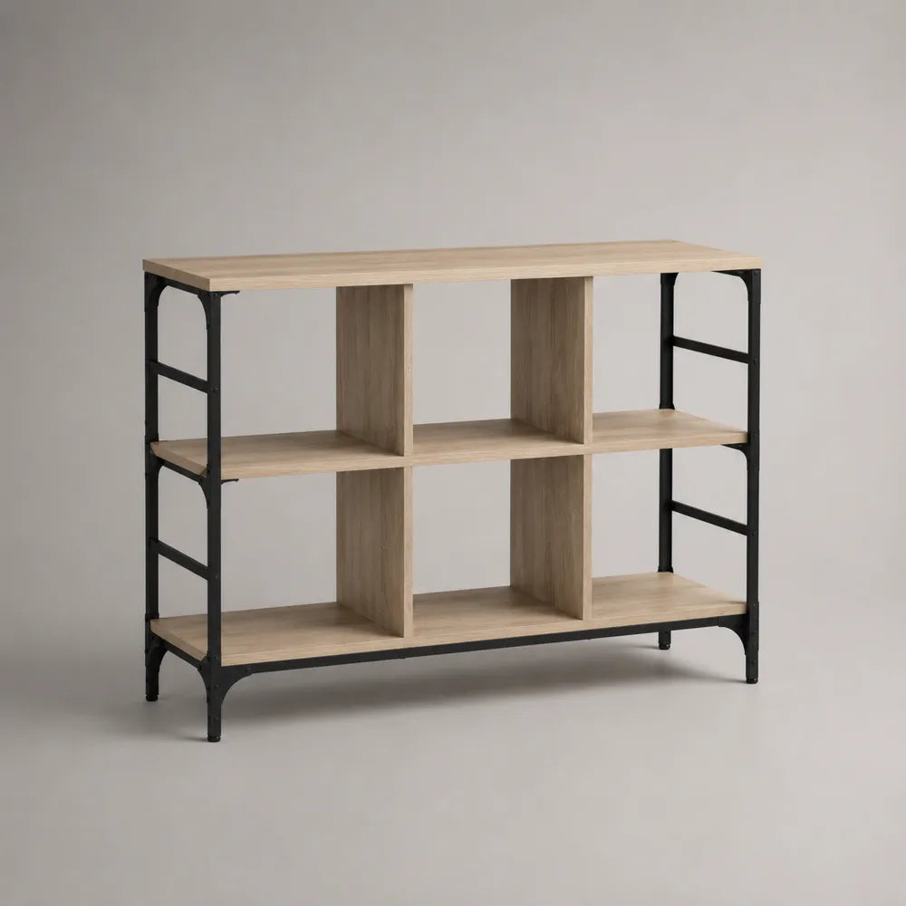 Credenza a giorno con ripiani in MDF effetto rovere beige e struttura in acciaio nero 160 x 40 x 90 cm
