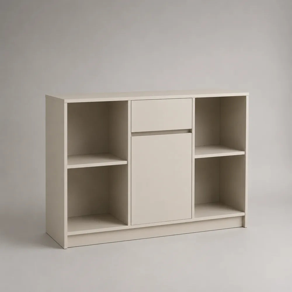 Credenza rettangolare con anta centrale cassetto e vani aperti in MDF bianco 160 x 35 x 80 cm