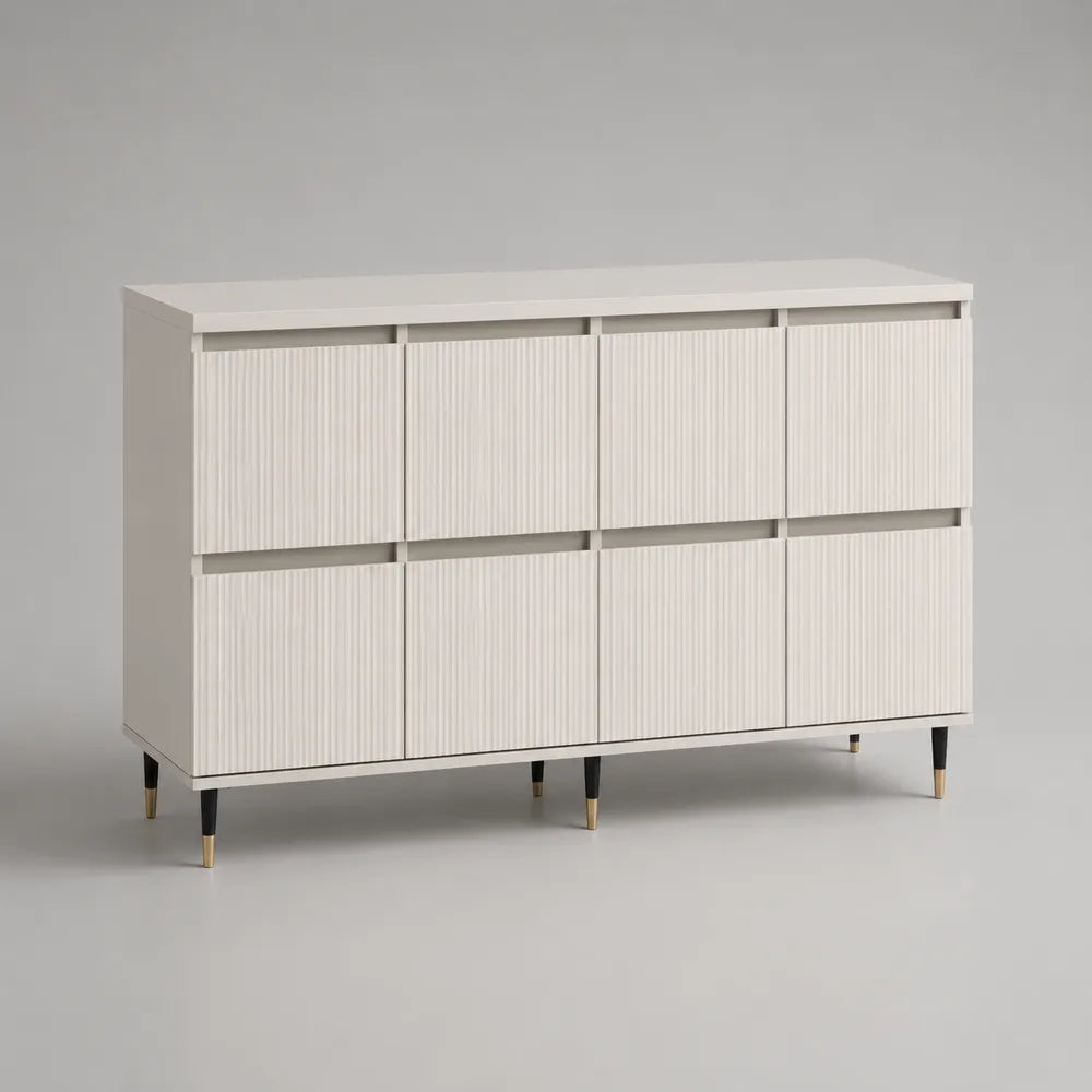 Credenza da pranzo 8 ante in MDF bianco con struttura e gambe nere e dettagli oro 180 x 40 x 90 cm