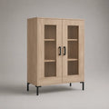 Vetrina da soggiorno a 2 ante in MDF effetto legno beige con ante in vetro scanalato e gambe in acciaio nero 120 x 40 x 130 cm