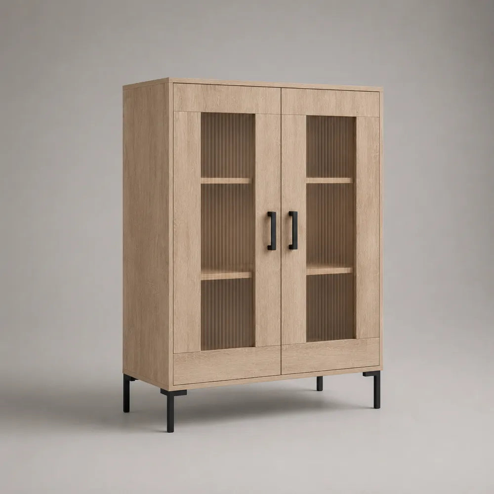 Vetrina da soggiorno a 2 ante in MDF effetto legno beige con ante in vetro scanalato e gambe in acciaio nero 120 x 40 x 130 cm