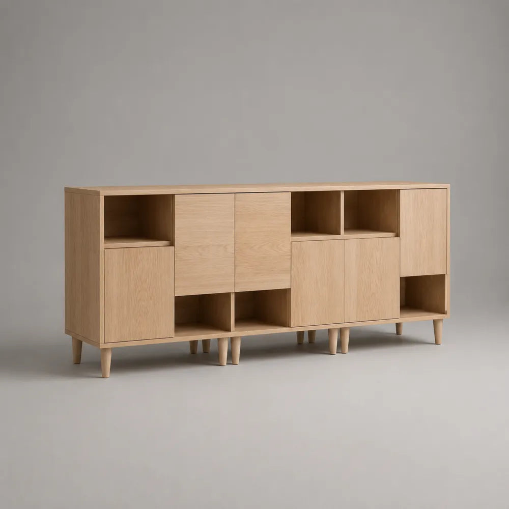 Credenza rettangolare con 5 ante e vani aperti in MDF effetto rovere naturale beige 240 x 45 x 85 cm