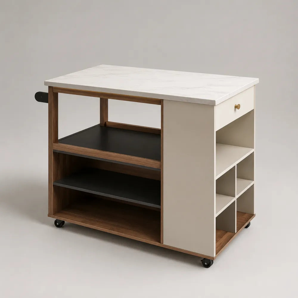 Isola da cucina mobile con ruote ripiani e cassetto in MDF effetto marmo rovere e bianco 120 x 60 x 90 cm