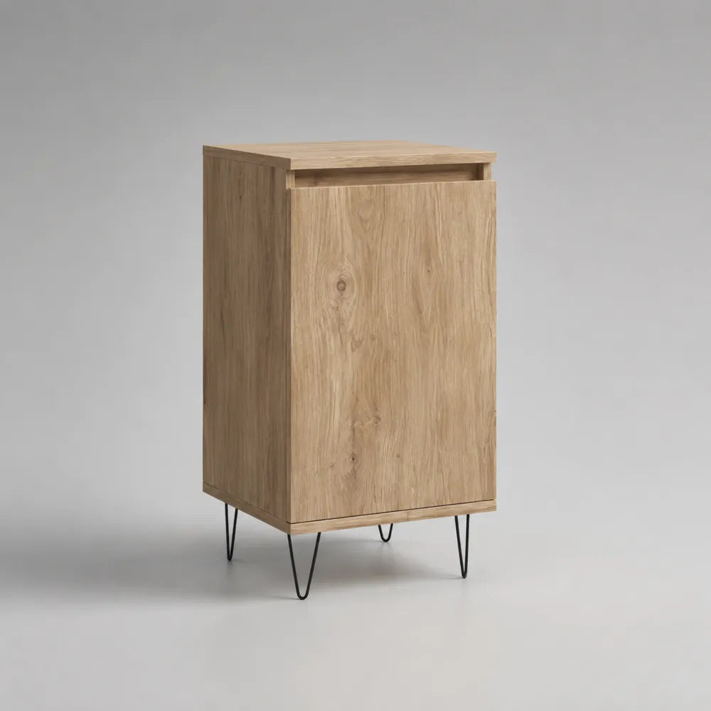 Credenza alta con anta singola in MDF effetto rovere beige con gambe in acciaio nero 60 x 40 x 100 cm