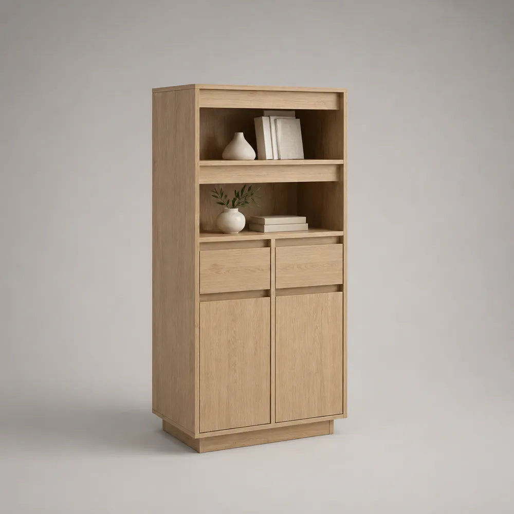 Credenza alta rettangolare con ante cassetti e ripiani aperti in MDF effetto rovere naturale 100 x 40 x 160 cm