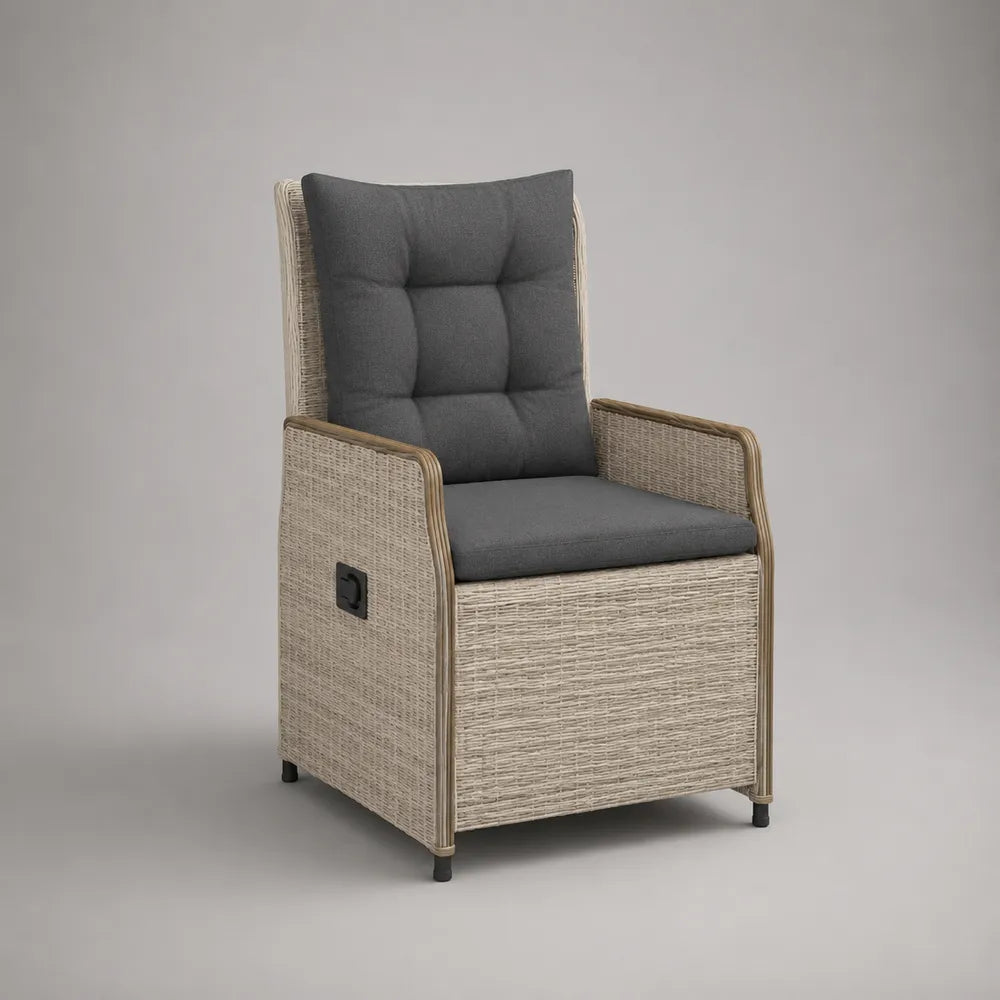 Poltrona da giardino reclinabile in rattan sintetico PE beige con cuscino grigio 75x85x100 cm
