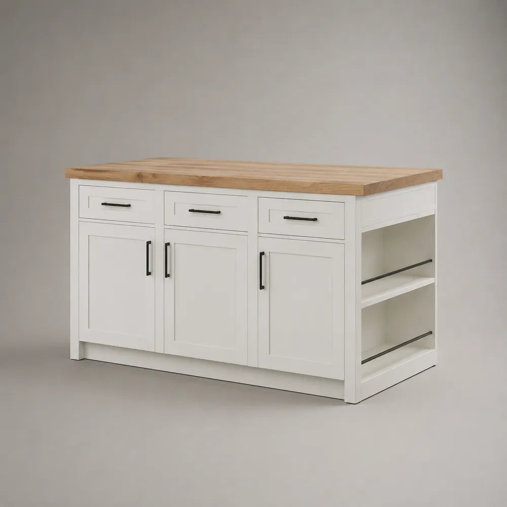 Isola da cucina 180x90x90 cm bianco e rovere con 3 ante 3 cassetti e ripiani laterali in MDF