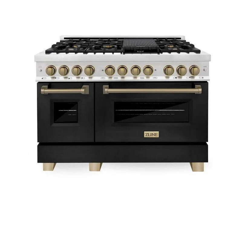 Bruciatore doppio forno doppio carburante gamma 7-Burner, acciaio inossidabile, 48 in., nero opaco, Champagne Accenti bronzo, autografo