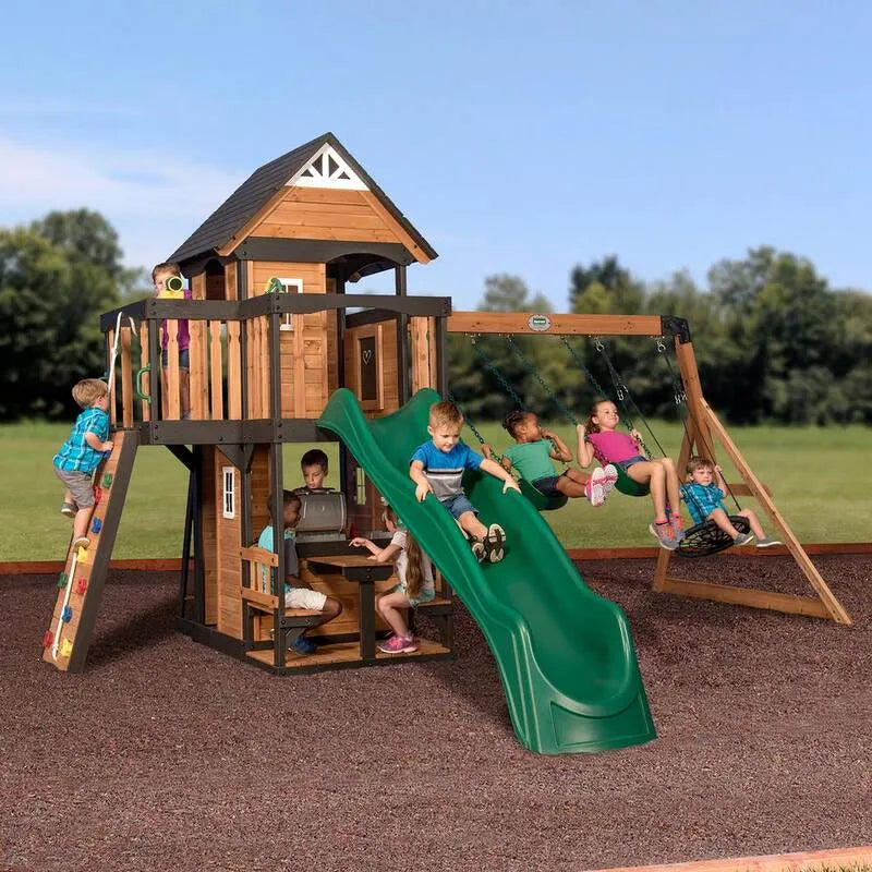 Canyon Creek Tutti Cedar Swing Set, Creek Tutti Cedar Swing Set Playset con Rockwall Upper Fort Belt Swing Web Swing Green Wave Slide, e Gioca Cucina