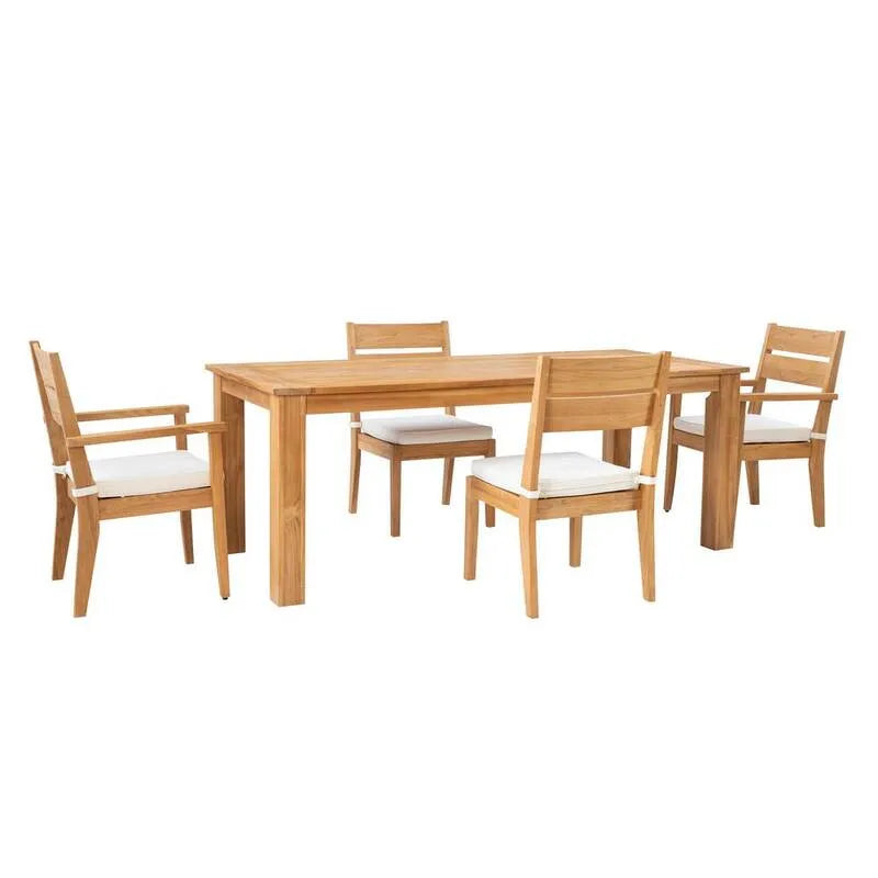 5 pezzi Tavolo rettangolare in legno Teak da 5 pezzi, esterno, Callahan, tavolo rettangolare in legno teak naturale marrone Set da pranzo all'aperto con rigogliolanti bianchi antichi