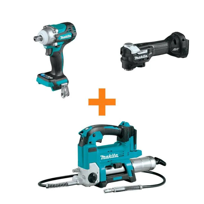 Makita, 2 in., 18V LXT Lithium-Ion senza spazzole 1/2 in. Chiave di impatto e 18V LXT senza spazzole Multi-utensile con bonus 18V LXT Grease Gun, 18V