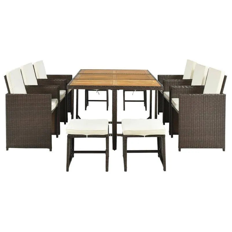 11 pezzi Set da pranzo all'aperto del parrucchiere PE con 11 pezzi, marrone, PE rattan sintetico Set da pranzo all'aperto con cuscino beige