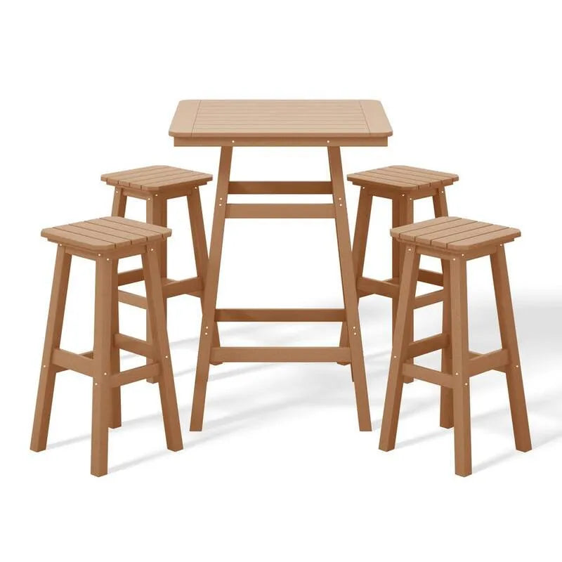 5 pezzi Set di barrette di altezza del bar di Patio Square 5 pezzi, barstools di corrispondenza in Teak, Laguna, all'aperto