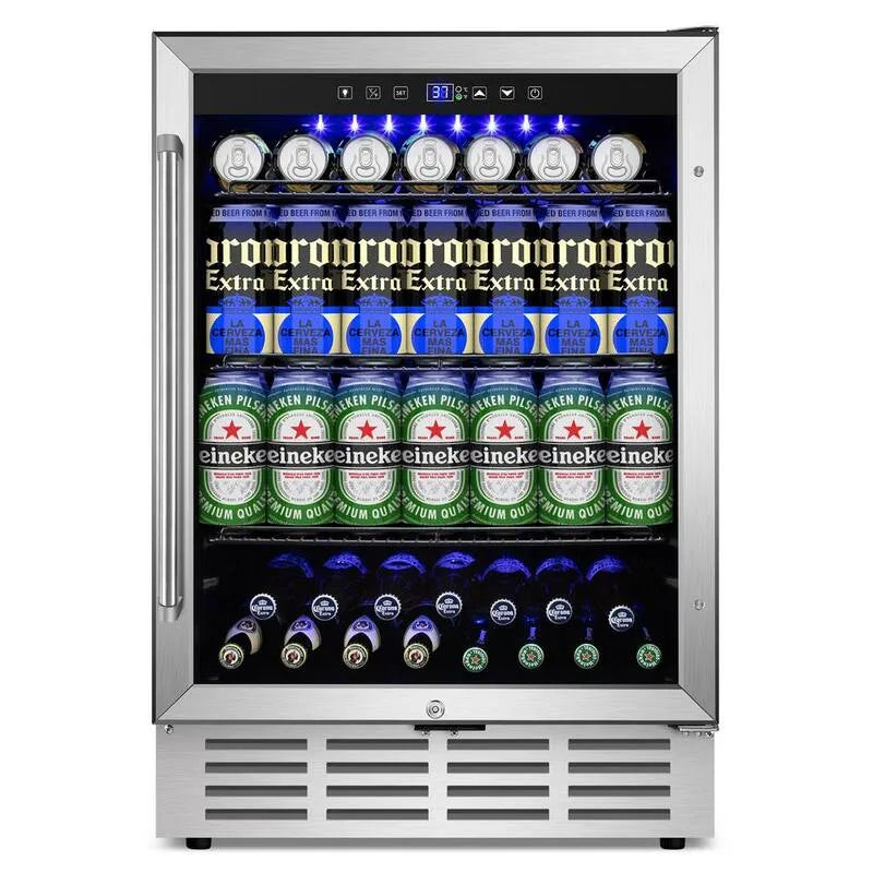 Built-in blu luce 180 lattine, acciaio inossidabile, blu luce terapia, 23. 4 in., singolo zona 180 lattine bevande refrigeratore con 3 scaffali rimovibili, 23.4 in