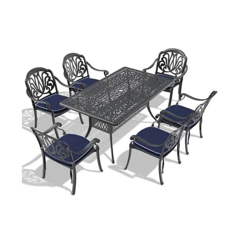 Cast alluminio nero esterno set da pranzo 7 pezzi, balcone, cortile