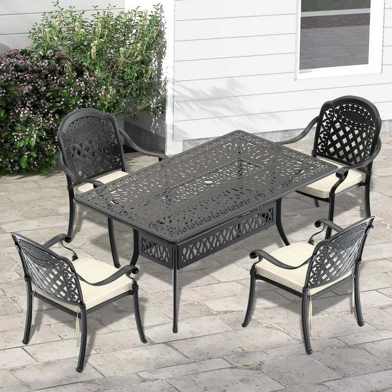 Cuscini in alluminio pressofuso Set da pranzo all'aperto 5 pezzi, 58. 27 in., 34. 65 in., Tavolo rettangolare e rigogliosi di colore casuale, 58.27 in, 34.65 in