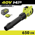 RYOBI, senza cordone, progettazione senza fili, 40V HP senza spazzole Whisper MPH 650 CFM batteria senza cordone Ventilatore a foglie con batteria 6. 0 Ah Batteria e caricabatterie, 6.0 Ah