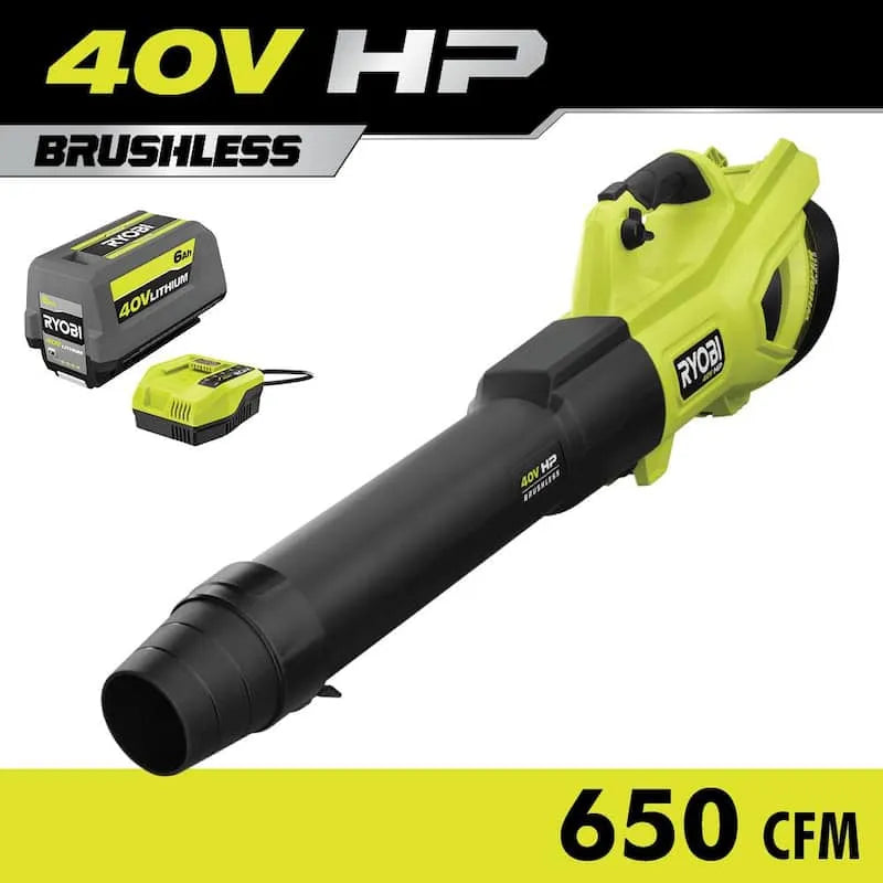 RYOBI, senza cordone, progettazione senza fili, 40V HP senza spazzole Whisper MPH 650 CFM batteria senza cordone Ventilatore a foglie con batteria 6. 0 Ah Batteria e caricabatterie, 6.0 Ah