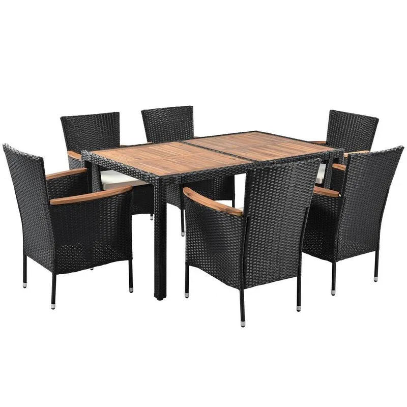 7 pezzi Set da pranzo all'aperto con rattan sintetico per bambini 7 pezzi, nero, set da pranzo all'aperto con cuscini di Beige