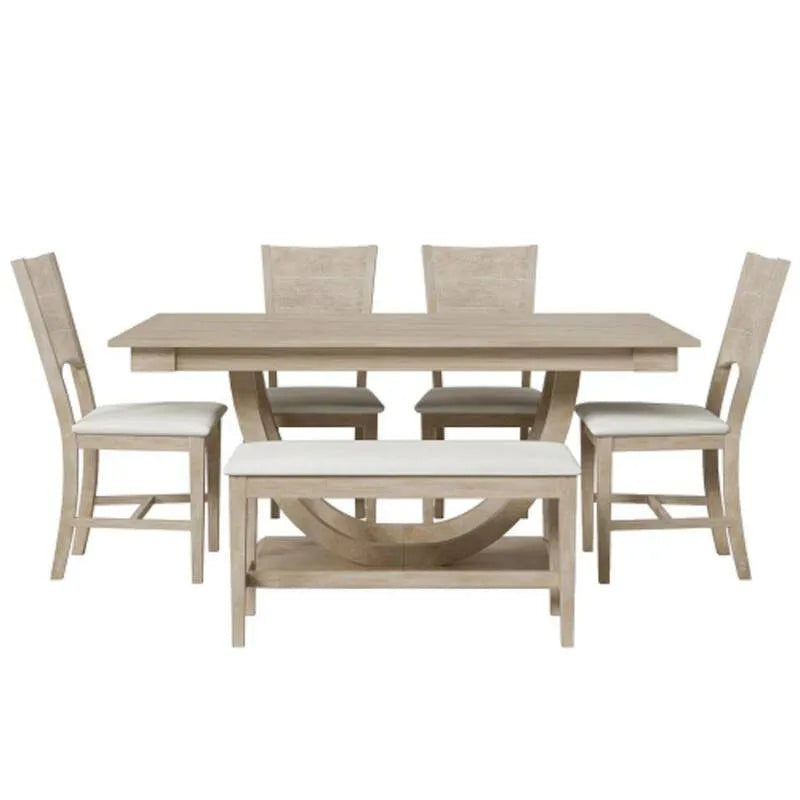 Pezzo Legno Gambe Mezza Rotonde Tavolo 6 pezzi, Naturale, All'aperto, Beige