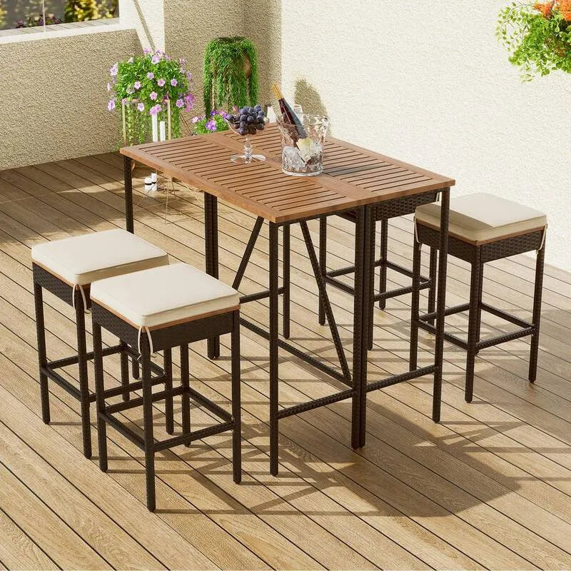 5 pezzi rattan sintetico e legno Set da pranzo all'aperto 5 pezzi, Design pieghevole, Beige