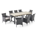 Set da pranzo all'aperto rettangolare in metallo 9 pezzi, 30 in., Grigio, Luce grigio chiaro, Set da pranzo da esterno