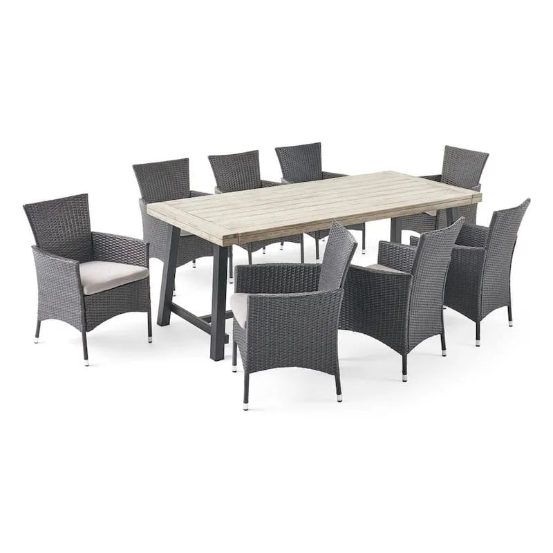 Set da pranzo all'aperto rettangolare in metallo 9 pezzi, 30 in., Grigio, Luce grigio chiaro, Set da pranzo da esterno