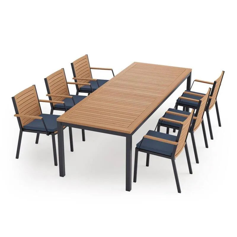 Set da pranzo all'aperto in teak di alluminio, 7 pezzi, 96 pollici., 7 pezzi, 96 in, Spettro indigo, Set da pranzo da esterno