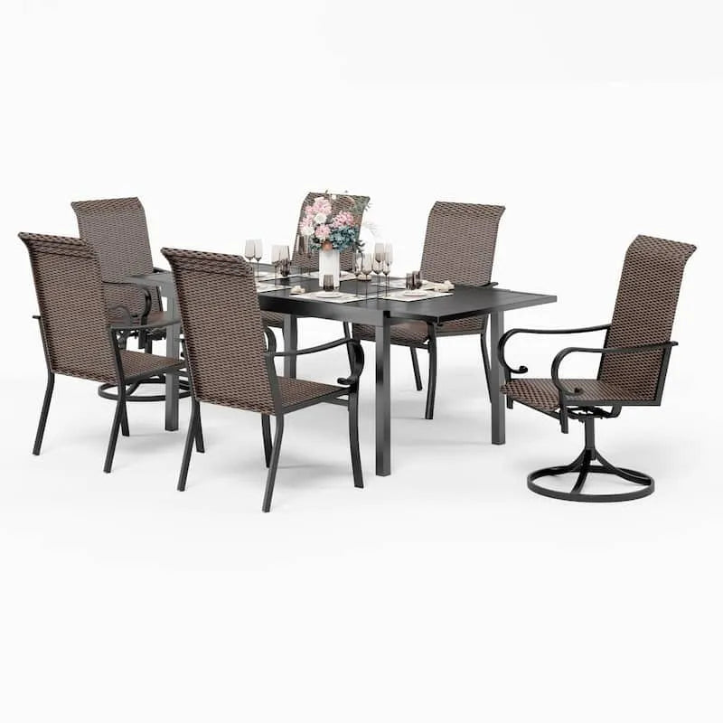 Set da pranzo all'aperto del patio del rattan del pezzo 7 pezzi, set da pranzo all'aperto del patio del rattan con tavolo allungabile del rettangolo e sedie di escursione ad alta schiena, nero