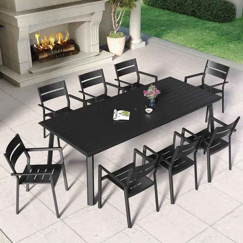 Set da pranzo all'aperto del patio del rettangolo del metallo 9 pezzi, alluminio, nero