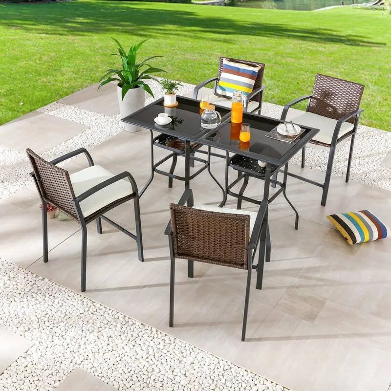 rattan sintetico Bar Altezza esterna Set da pranzo 5 pezzi, Beige, Set da pranzo da esterno
